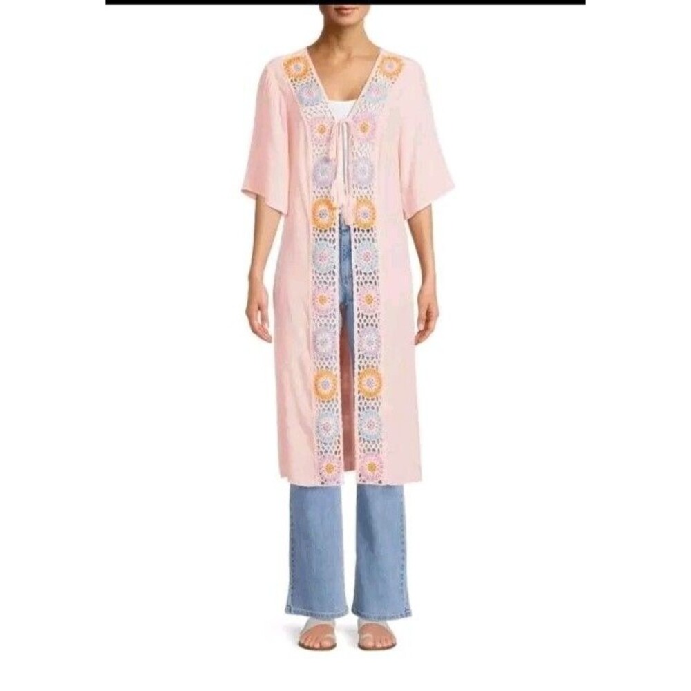 No Boundaries Womens L-XL Crochet Trim Cardigan Duster Boho Pink Long Line